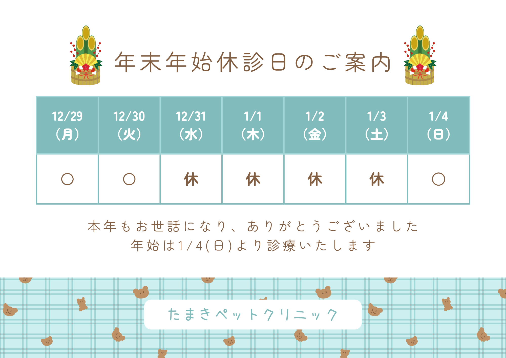 水色　白　キュート　かわいい　年末年始休診日のご案内　A4　横　貼り紙 (2)